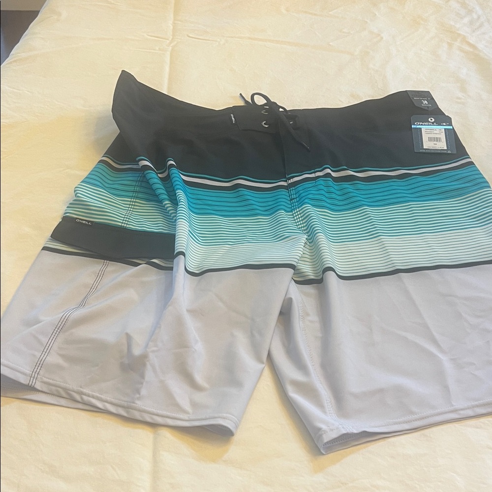O'Neill Black and Teal Striped Board Shorts